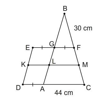 Line segment fg is the midpoint of isosceles triangle abc and line segment km is the midpoint of tra