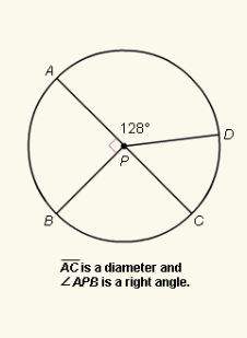 in circle p, what is the measure of arc dab?
