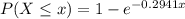 P(X \leq x) = 1 - e^{-0.2941x}