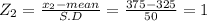 Z_{2}  = \frac{x_{2} -mean}{S.D} = \frac{375-325}{50} = 1