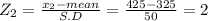 Z_{2}  = \frac{x_{2} -mean}{S.D} = \frac{425-325}{50} = 2