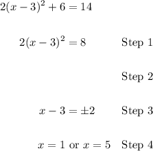 \begin{aligned} 2(x-3)^2+6&=14 \\\\ 2(x-3)^2&=8&\text{Step }1 \\\\ &&\text{Step }2 \\\\ x-3&=\pm 2&\text{Step }3 \\\\ x=1&\text{ or }x=5&\text{Step }4 \end{aligned}