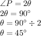 \angle P =2\theta\\2\theta=90^\circ\\\theta=90^\circ \div 2\\\theta=45^\circ