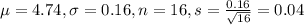 \mu = 4.74, \sigma = 0.16, n = 16, s = \frac{0.16}{\sqrt{16}} = 0.04