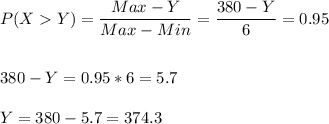 P(XY)=\dfrac{Max-Y}{Max-Min}=\dfrac{380-Y}{6}=0.95\\\\\\380-Y=0.95*6=5.7\\\\Y=380-5.7=374.3