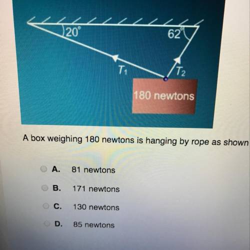 A box weighing 180 newtons is hanging by rope as shown in the figure. Find the tension T2.