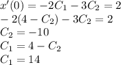 x'(0) = -2C_{1} -3C_{2} = 2\\-2(4-C_{2}) -3C_{2} = 2\\C_{2} = -10\\C_{1} = 4 - C_{2}\\C_{1} = 14