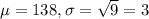\mu = 138, \sigma = \sqrt{9} = 3