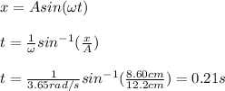 x=Asin(\omega t)\\\\t=\frac{1}{\omega}sin^{-1}(\frac{x}{A})\\\\t=\frac{1}{3.65rad/s}sin^{-1}(\frac{8.60cm}{12.2cm})=0.21s