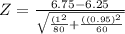 Z = \frac{6.75 -6.25 }{\sqrt{\frac{(1^{2}  }{80 } +\frac{((0.95)^{2}  }{60} } }