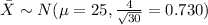 \bar X \sim N(\mu=25, \frac{4}{\sqrt{30}}= 0.730)