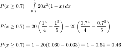P(x\geq0.7)=\int\limits^1_{0.7} {20x^3 (1-x)} \, dx \\\\\\P(x\geq0.7)=20\left(\dfrac{1^4}{4}-\dfrac{1^5}{5}\right)-20\left(\dfrac{0.7^4}{4}-\dfrac{0.7^5}{5}\right)\\\\\\P(x\geq0.7)=1-20(0.060-0.033)=1-0.54=0.46