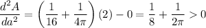 \dfrac{d^2A}{da^2}=\left(\dfrac{1}{16}+\dfrac{1}{4\pi}\right)(2)-0=\dfrac{1}{8}+\dfrac{1}{2\pi}0
