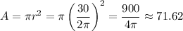 A=\pi r^2=\pi\left( \dfrac{30}{2\pi}\right)^2=\dfrac{900}{4\pi}\approx71.62