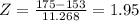 Z = \frac{175-153}{11.268} = 1.95