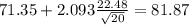 71.35+2.093\frac{22.48}{\sqrt{20}}=81.87