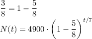 \dfrac38=1-\dfrac58\\N(t)=4900\cdot\left(1-\dfrac58\right)^{t/7}