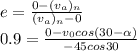 e = \frac{0 - (v_a)_n}{(v_a)_n - 0} \\0.9 = \frac{0 - v_0 cos(30 - \alpha)}{-45 cos 30} \\