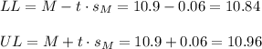 LL=M-t \cdot s_M = 10.9-0.06=10.84\\\\UL=M+t \cdot s_M = 10.9+0.06=10.96