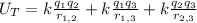 U_T=k\frac{q_1q_2}{r_{1,2}}+k\frac{q_1q_3}{r_{1,3}}+k\frac{q_2q_3}{r_{2,3}}