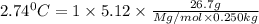 2.74^0C=1\times 5.12\times \frac{26.7g}{Mg/mol\times 0.250kg}