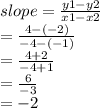 slope =  \frac{y1 - y2}{x1 - x2}  \\  =  \frac{4 - ( - 2)}{ - 4 - ( - 1)}  \\  =  \frac{4 + 2}{ - 4 + 1}  \\  =  \frac{6}{ - 3}  \\  =  - 2
