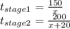 t_{stage 1} = \frac{150}{x}\\t_{stage 2} = \frac{200}{x + 20}