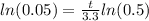 ln(0.05) = \frac{t}{3.3} ln (0.5)