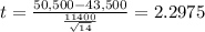 t = \frac{50,500 -43,500}{\frac{11400}{\sqrt{14} } }= 2.2975