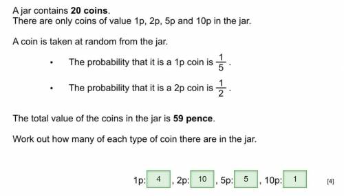 A jar contains 20 coins.

There are only coins of value 1p, 2p, 5p and 10p in the jar.
A coin is tak
