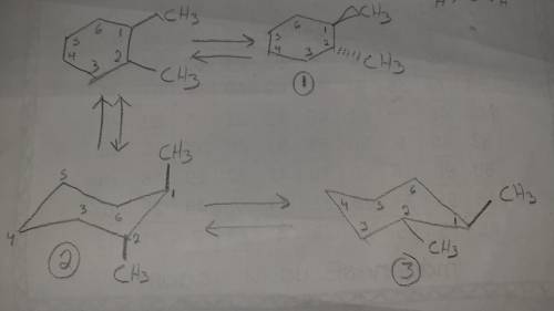 1. Draw a wedge/dash structure for trans-1,2-dimethylcyclohexane.

2. Draw the chair structure of th