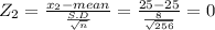 Z_{2}  = \frac{x_{2}-mean }{\frac{S.D}{\sqrt{n} } } = \frac{25-25}{\frac{8}{\sqrt{256} } } = 0
