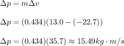 \Delta p=m \Delta v\\\\\Delta p= (0.434)(13.0-(-22.7)) \\\\\Delta p=(0.434)(35.7)\approx 15.49 kg \cdot m/s