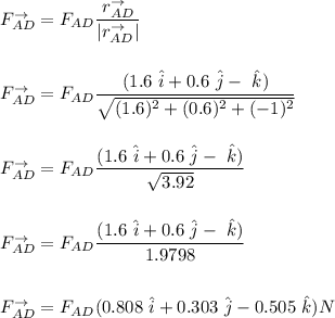 F_{AD}^{\to} = F_{AD} \dfrac{ r _{AD}^{\to} }{|r_{AD}^{\to}|} \\ \\ \\ F_{AD}^{\to} =  F_{AD}  \dfrac{(1.6  \ \hat i + 0.6 \ \hat  j -  \ \hat k )  }{\sqrt{ (1.6)^2 + (0.6)^2 + (-1 )^2 }} \\ \\   \\ F_{AD}^{\to} =  F_{AD}  \dfrac{(1.6  \ \hat i + 0.6 \ \hat  j - \ \hat k ) }{ \sqrt{3.92}} \\ \\ \\ F_{AD}^{\to} =  F_{AD}  \dfrac{(1.6  \ \hat i + 0.6 \ \hat  j - \ \hat k ) }{1.9798}  \\ \\ \\  F_{AD}^{\to} =  F_{AD} (0.808 \ \hat i+ 0.303 \ \hat  j - 0.505 \ \hat  k ) N\\