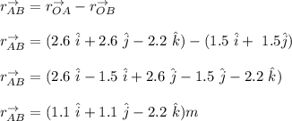r_{AB}^{\to} = r _{OA}^{\to} - r_{OB}^{\to}  \\ \\  r_{AB}^{\to} = (2.6 \  \hat i + 2.6 \  \hat j - 2.2 \  \hat k ) - ( 1.5 \  \hat i + \ 1. 5 \hat j ) \\  \\  r_{AB}^{\to} = ( 2.6 \  \hat i - 1.5 \  \hat i  + 2.6 \  \hat j - 1.5  \  \hat j  - 2.2 \  \hat k) \\ \\ r_{AB}^{\to} = (1.1  \  \hat i + 1.1 \  \hat j - 2.2 \  \hat k ) m