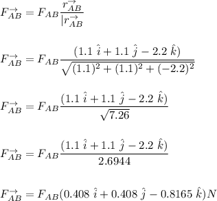 F_{AB}^{\to} = F_{AB} \dfrac{ r _{AB}^{\to} }{|r_{AB}^{\to}} \\ \\ \\ F_{AB}^{\to} =  F_{AB}  \dfrac{(1.1  \ \hat i + 1.1 \ \hat  j - 2.2 \ \hat k )  }{\sqrt{ (1.1)^2 + (1.1)^2 + (-2.2 )^2 }} \\ \\   \\ F_{AB}^{\to} =  F_{AB}  \dfrac{(1.1  \ \hat i + 1.1 \ \hat  j - 2.2 \ \hat k ) }{ \sqrt{7.26}} \\ \\ \\ F_{AB}^{\to} =  F_{AB}  \dfrac{(1.1  \ \hat i + 1.1 \ \hat  j - 2.2 \ \hat k ) }{ 2.6944}  \\ \\ \\  F_{AB}^{\to} =  F_{AB} (0.408 \ \hat i+ 0.408 \ \hat  j - 0.8165 \ \hat  k ) N\\