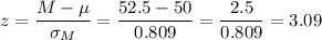 z=\dfrac{M-\mu}{\sigma_M}=\dfrac{52.5-50}{0.809}=\dfrac{2.5}{0.809}=3.09
