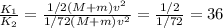 \frac{K_1}{K_2}=\frac{1/2(M+m)v^2}{1/72(M+m)v^2}=\frac{1/2}{1/72}=36