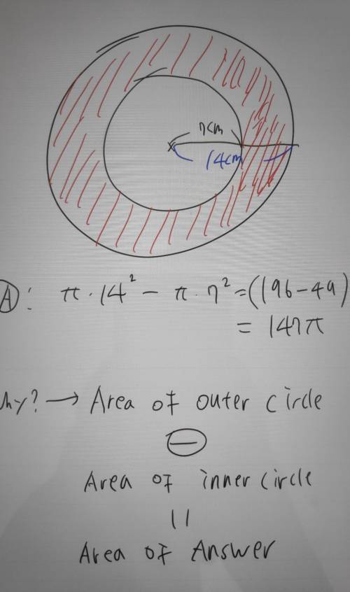 C) Find the area of the annulus having the inner radius 7 cm and outer radius14 cm