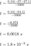 t = \frac{0.14(-37-27.1)}{-5000} \\\\t = \frac{0.14(-64.1)}{-5000} \\\\t = \frac{-8.974}{-5000} \\\\t = 0.0018 \ s\\\\t = 1.8*10^{-3} \ s