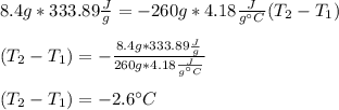 8.4g*333.89\frac{J}{g}=-260g*4.18\frac{J}{g\°C}(T_2-T_1)  \\\\(T_2-T_1) =-\frac{8.4g*333.89\frac{J}{g}}{260g*4.18\frac{J}{g\°C}} \\\\(T_2-T_1)=-2.6\°C