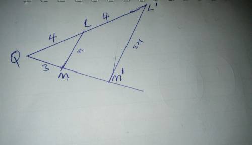 Point Q is the center of dilation. Line segment L M is dilated to created line segment L prime M pri