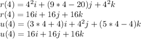 r(4) = 4^2i + (9*4 - 20)j + 4^2k \\r(4)=16i+16j+16k\\u(4) = (3*4 + 4)i + 4^2j + (5*4 - 4)k\\u(4)=16i+16j+16k