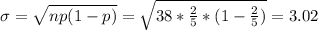 \sigma = \sqrt{np(1-p)}= \sqrt{38* \frac{2}{5}* (1-\frac{2}{5})}= 3.02