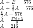 A\,+\,B\,= 576\\A\,+\,\frac{5}{3} A=576\\\frac{8}{3} \,A=576\\A=\frac{576\,*\,3}{8} \\A=216