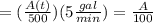 =(\frac{A(t)}{500})( 5\frac{gal}{min})=\frac{A}{100}