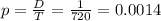 p = \frac{D}{T} = \frac{1}{720} = 0.0014