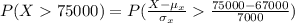 P(X75000)=P(\frac{X-\mu_{x}}{\sigma_{x}}\frac{75000-67000}{7000})