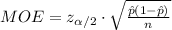 MOE= z_{\alpha/2}\cdot \sqrt{\frac{\hat p(1-\hat p)}{n}}
