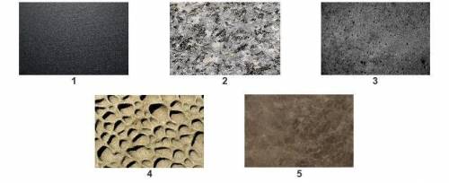 Look at the images of different rocks. Which two rocks have a fine-grained texture? 1 and 5 2 and 3